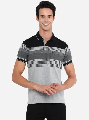 Caster Grey Striped Slim Fit Polo T-Shirt | Greenfibre