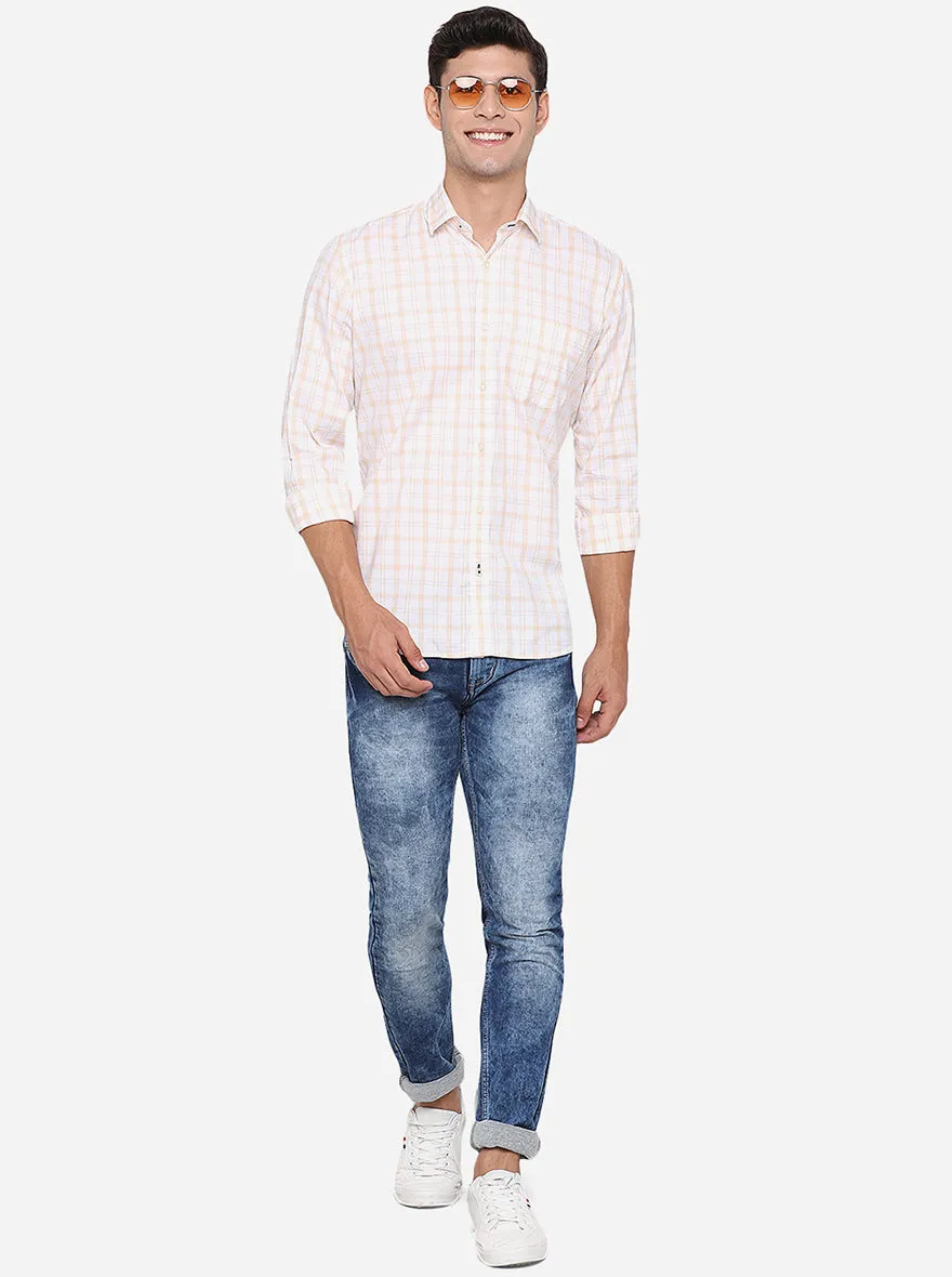 Cream Checked Slim Fit Casual Shirt | JadeBlue