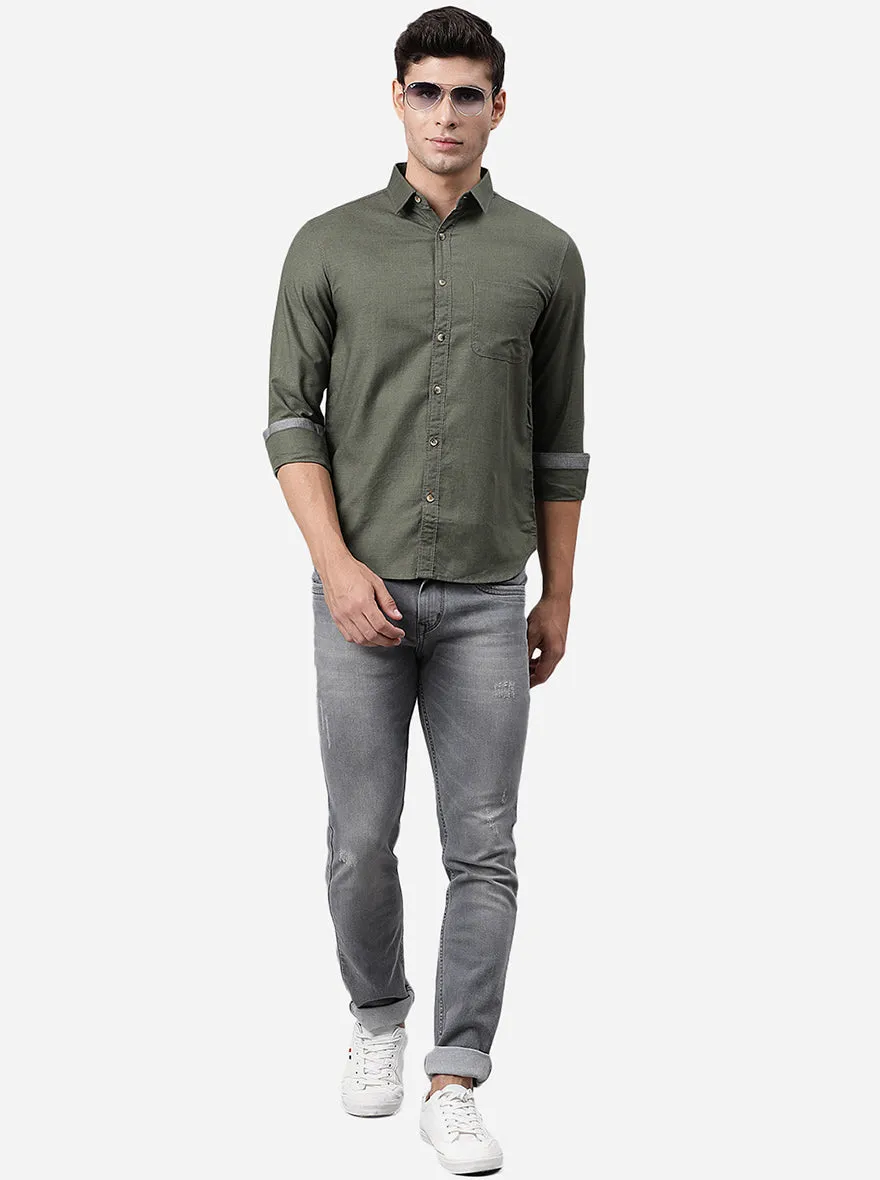 Dark Olive Solid Slim Fit Semi Casual Shirt | Greenfibre