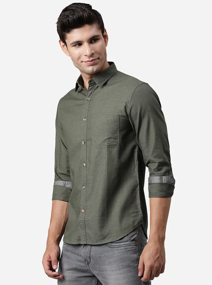 Dark Olive Solid Slim Fit Semi Casual Shirt | Greenfibre