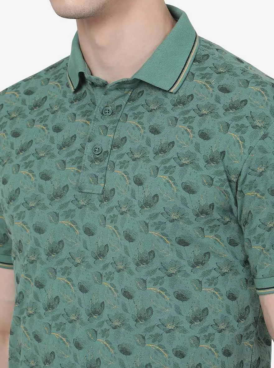 Deep Sea Green Printed Slim Fit Polo T-Shirt | JadeBlue