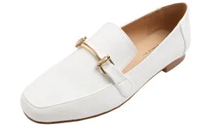 Feversole Women's Fashion Trim Deco Loafer Flats White Plain Vegan Leather