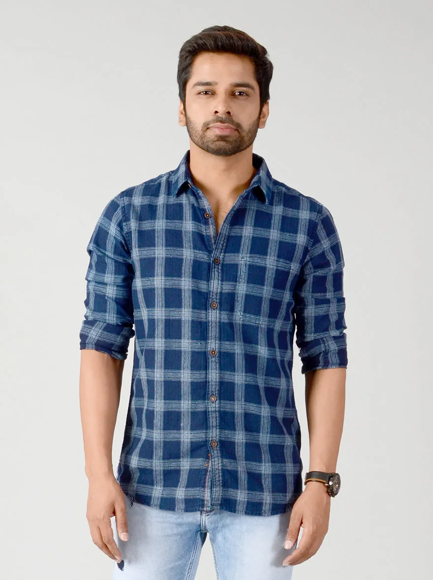 Indigo Blue Checked Slim Fit Casual Shirt | JadeBlue