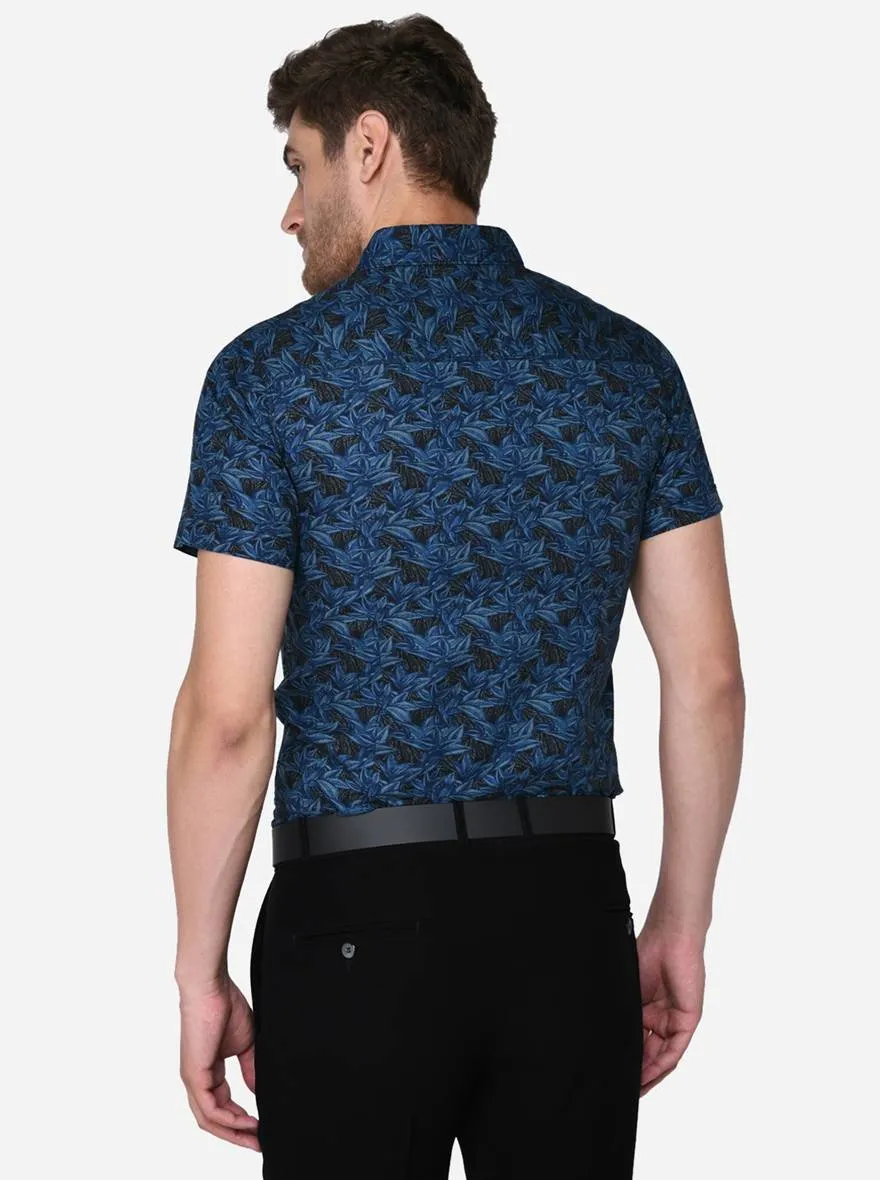 Ink Blue Printed Slim Fit Semi Casual Shirt | Greenfibre