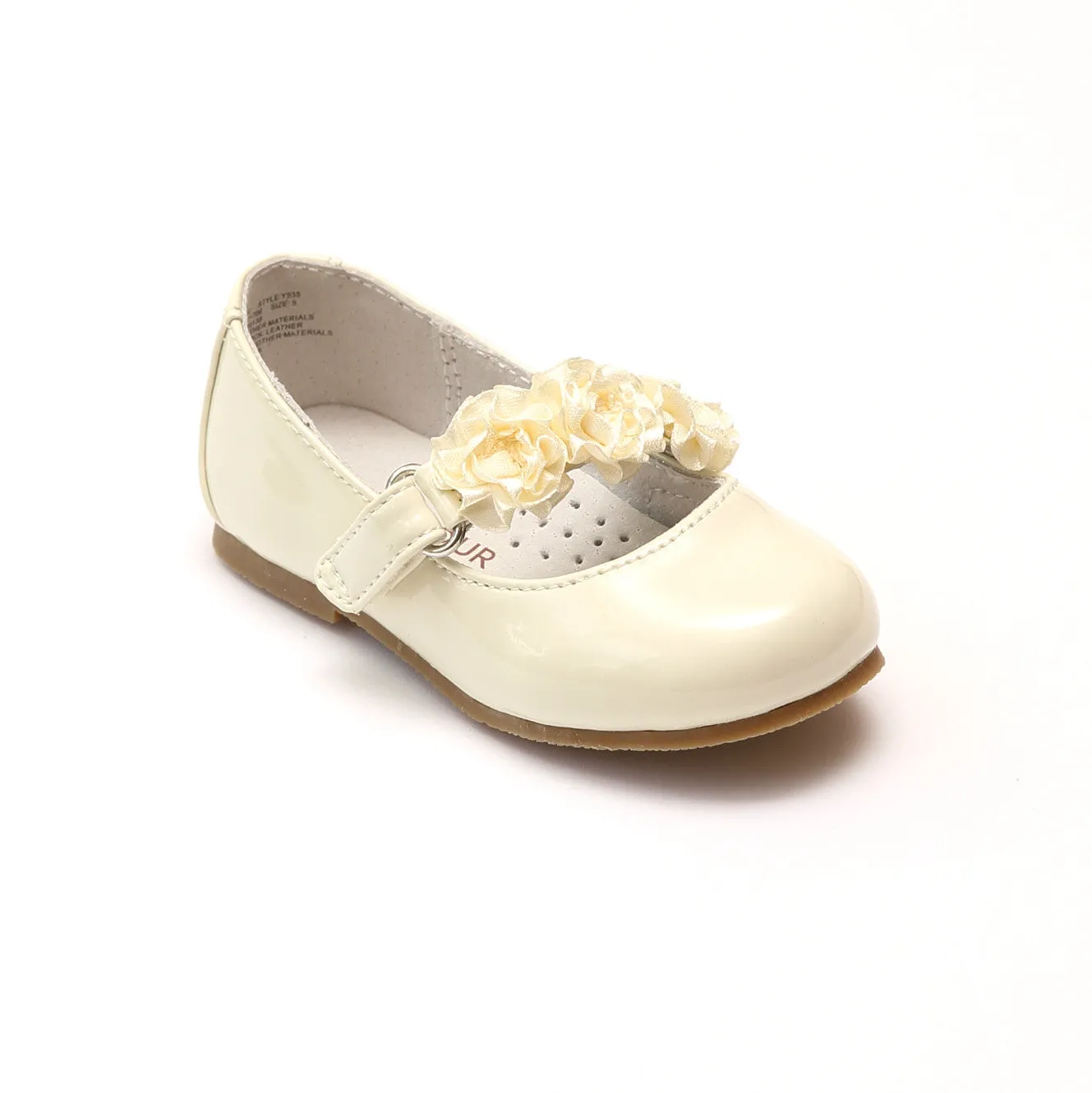 L'Amour Girls Y535 Patent Cream Rosette Flats