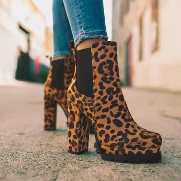 Leopard Suede Elastic Sleeve Ankle Boots