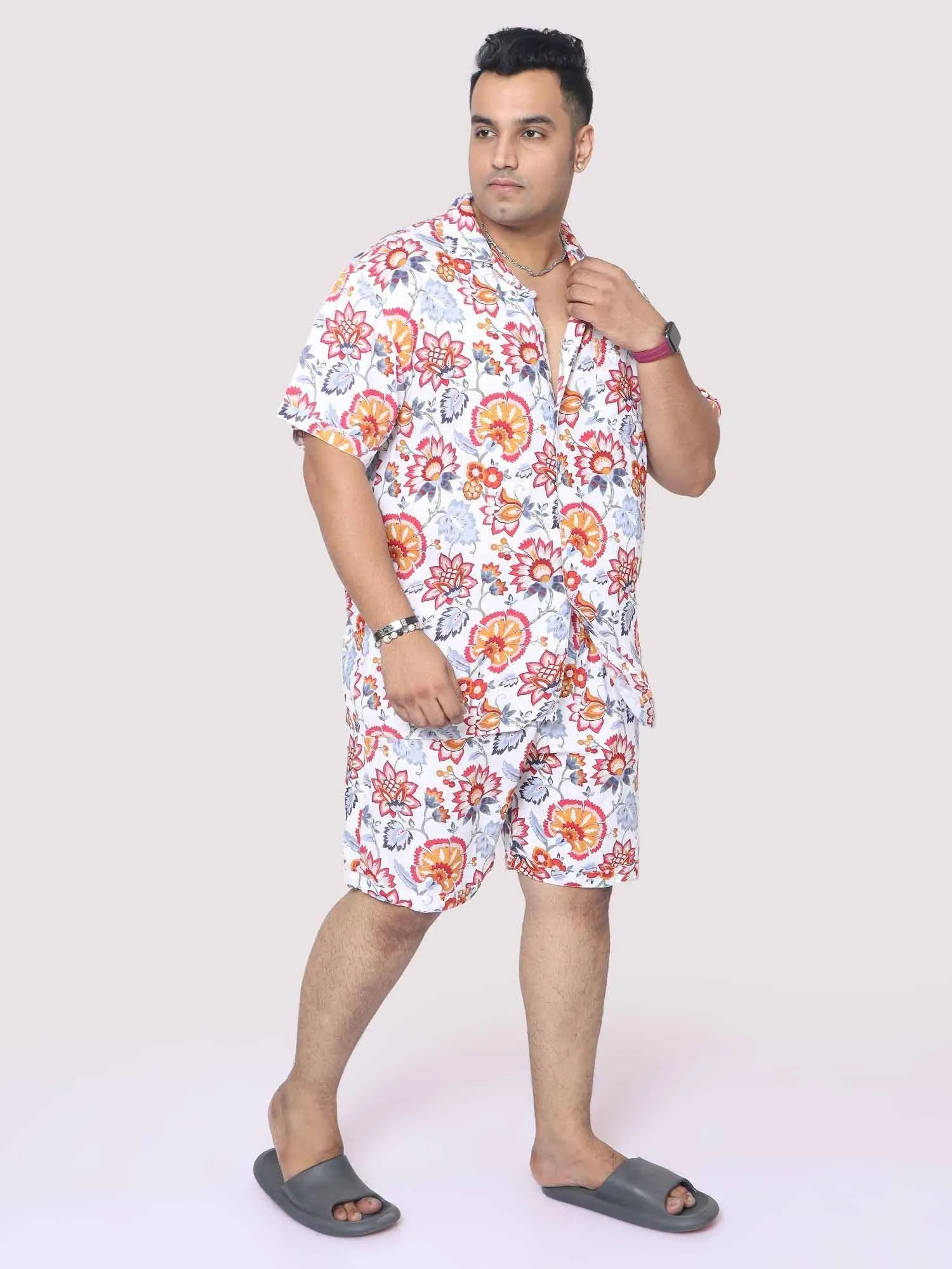 Men Plus Size Botanical Printed Half Sleeve Co-Ords