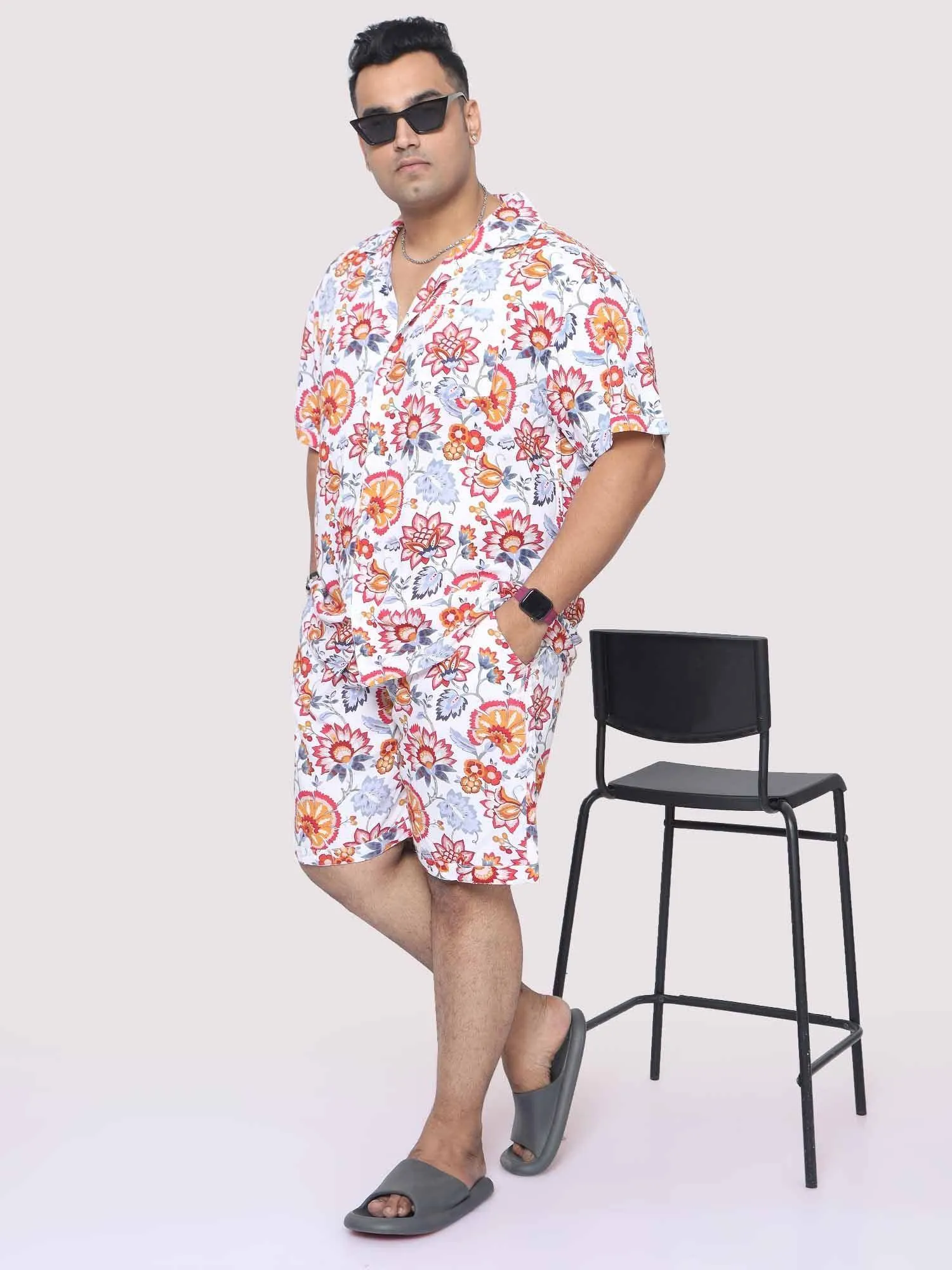 Men Plus Size Botanical Printed Half Sleeve Co-Ords