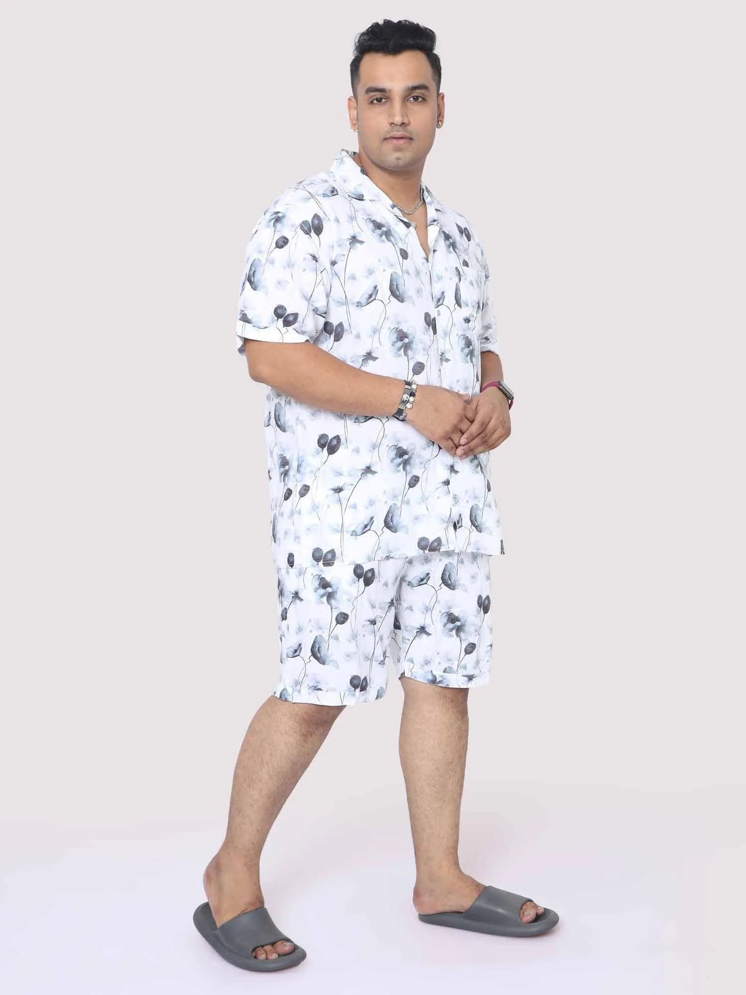 Men Plus Size Grey Blossom Printed Half Sleeve Co-Ords