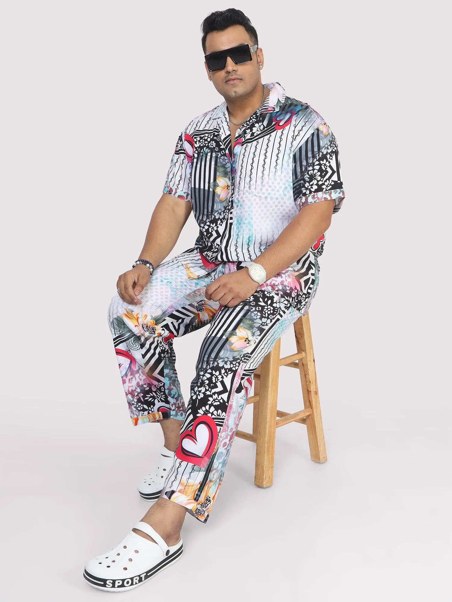 Men Plus Size Love on Geometric Printed Full Sleeve Co-Ords