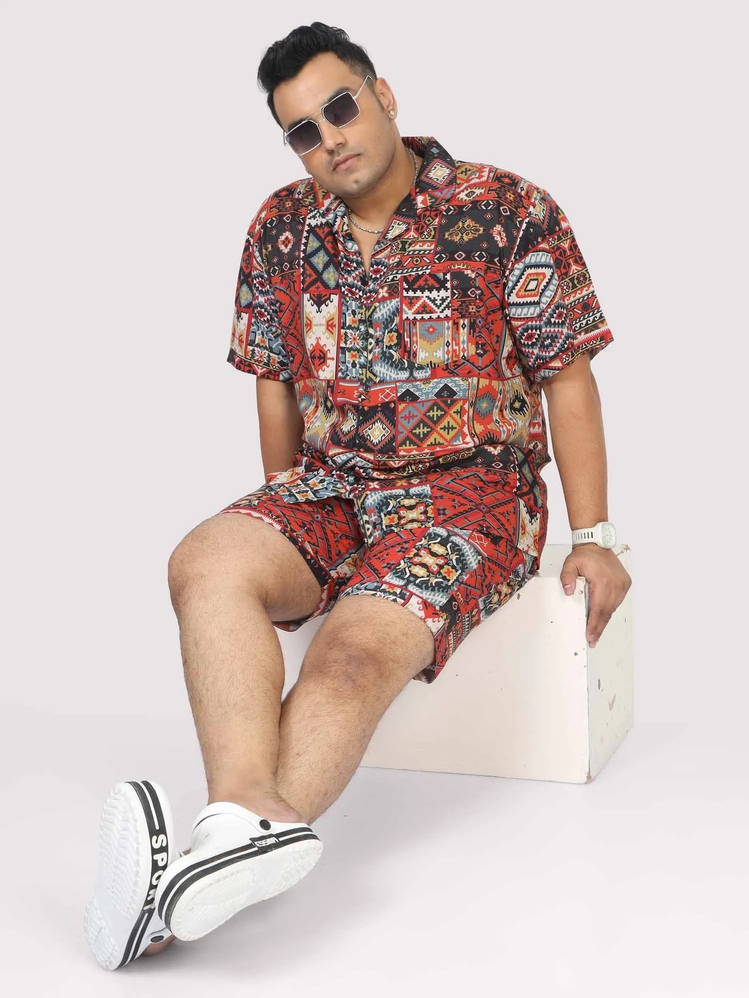 Men Plus Size Multi Ikat Printed Half Sleeve Co-Ords