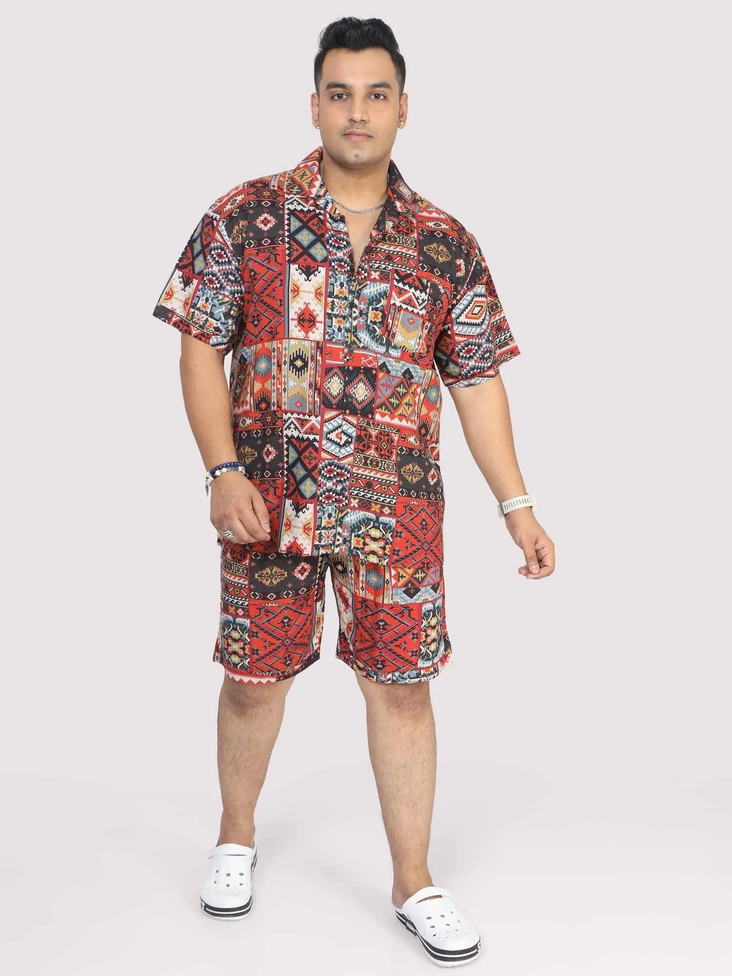 Men Plus Size Multi Ikat Printed Half Sleeve Co-Ords