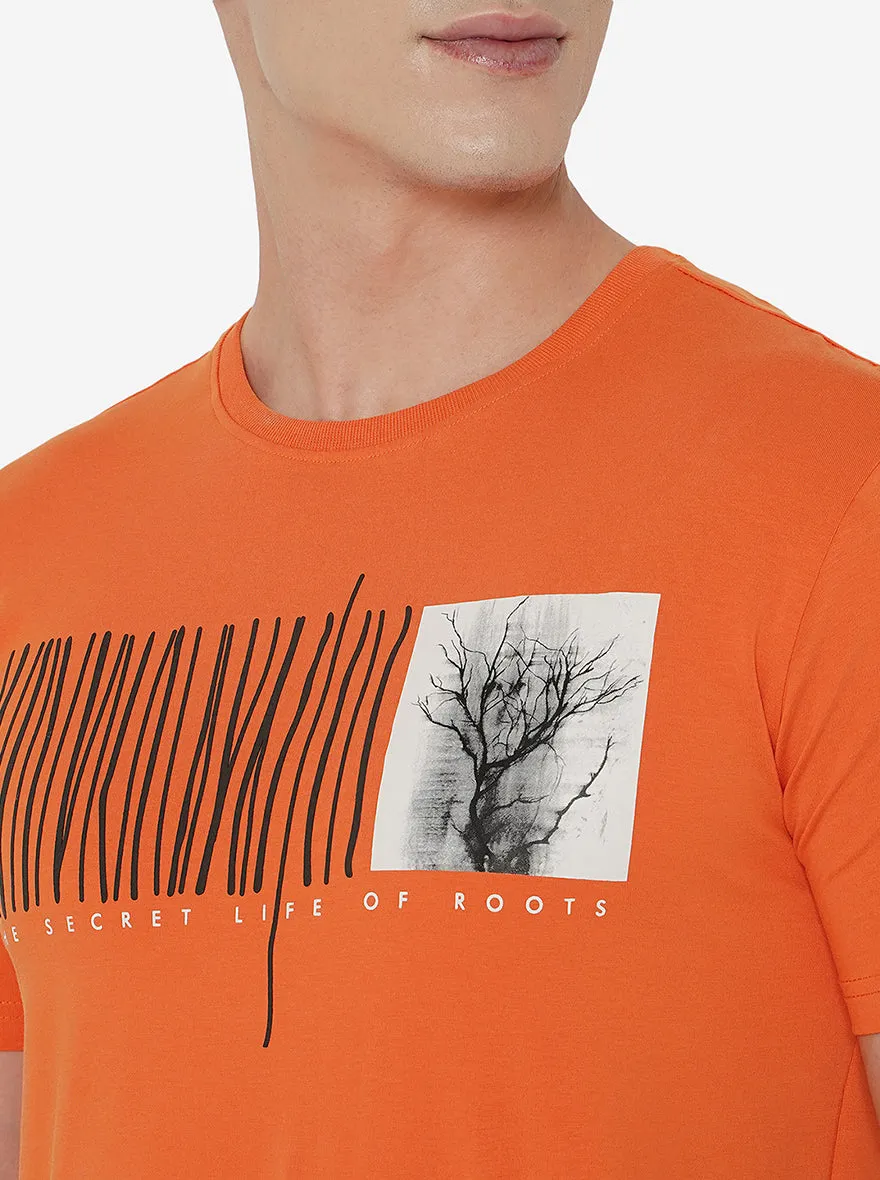 Orange Printed Slim Fit T-Shirt | JadeBlue