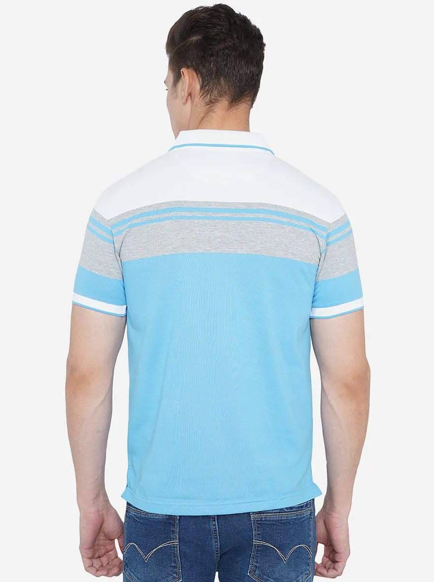 Sky Blue Striped Slim Fit Polo T-Shirt | Greenfibre