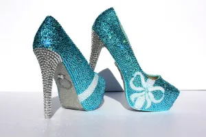 Tiffany Blue Wedding Shoes with pearl bows and crystal heels